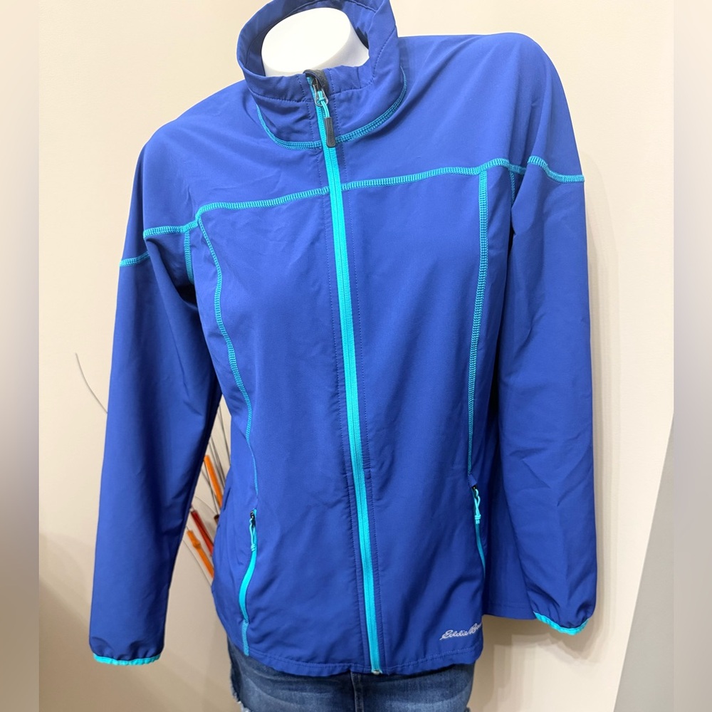 Eddie Bauer Jacket Womens Medium Blue Full Zip Softshell Outdoor Stretch Pockets